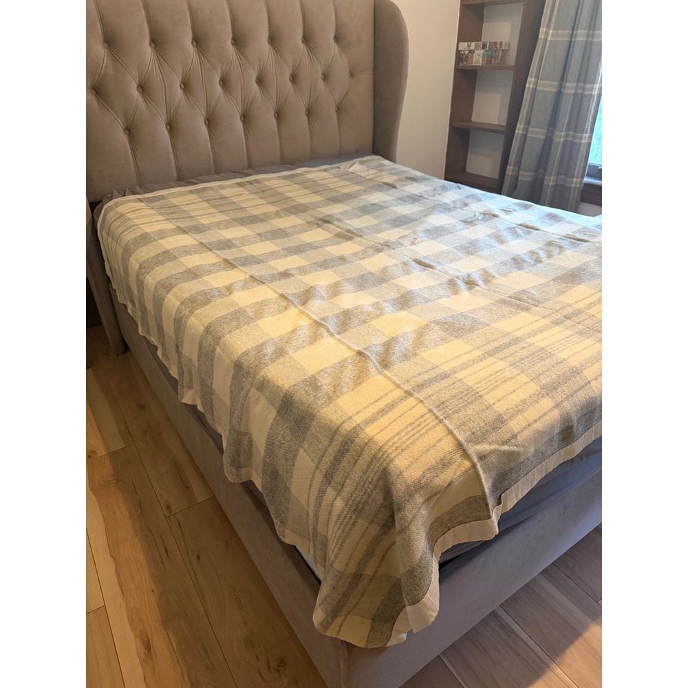 Vintage Wool Blanket Gray Cream Buffalo Plaid Satin Trim Farmhouse Throw 72x76